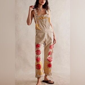 Free People We The Free Ziggy Printed Overalls Khaki Surf Grove